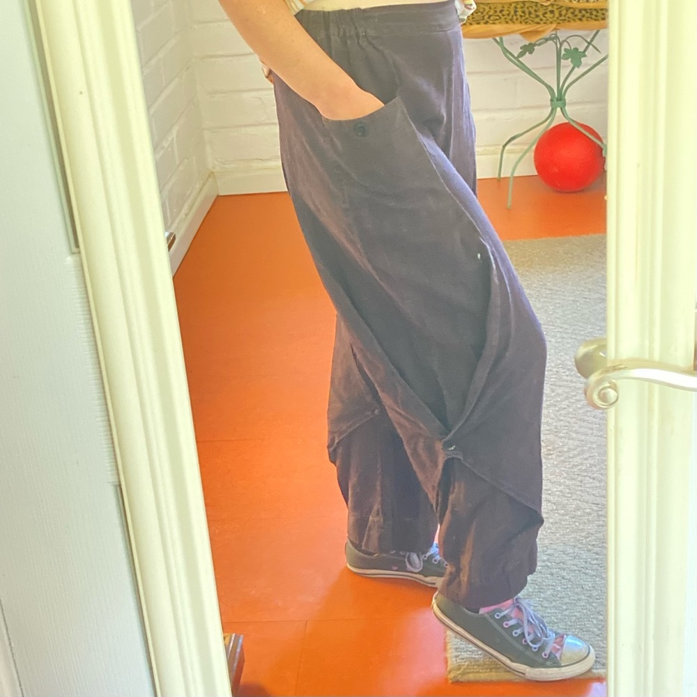 Lagenlook Linen(?) Wide Leg Pants Casual Wide-Leg Pants Pockets Elastic Eskil